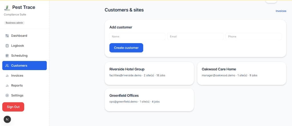PestTrace customers and sites management screen