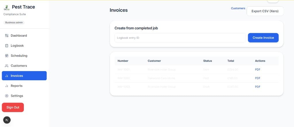 PestTrace invoices screen with job billing and PDF exports