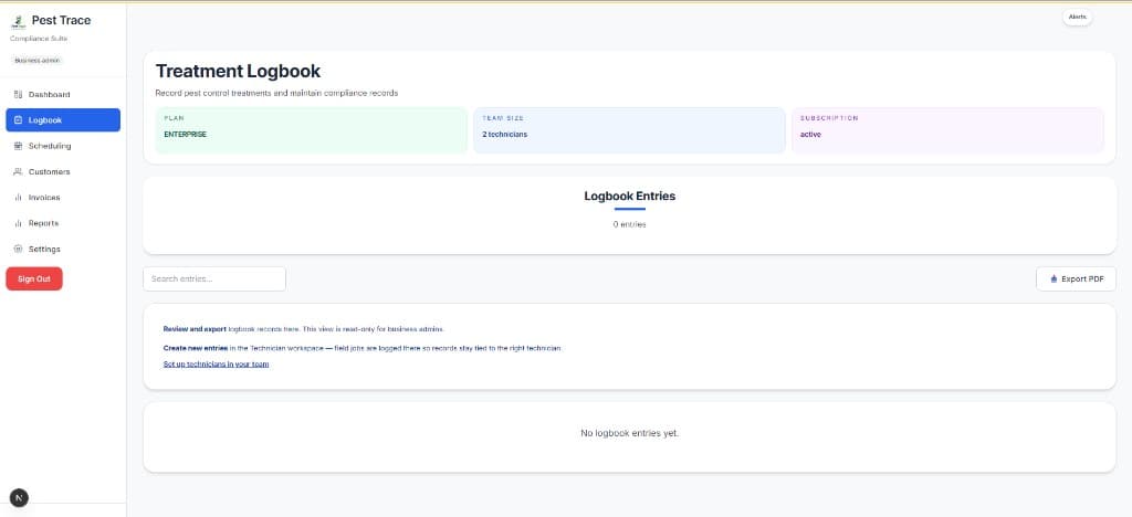 PestTrace treatment logbook with PDF export for compliance records